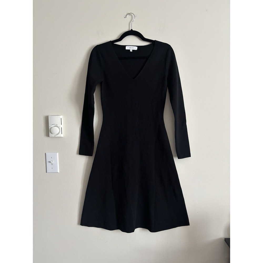 REISS Emelia Knit Dress Sz XS Black V Neck Knee Length Classic Black Minimalist